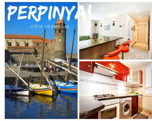 een collage van foto's van een keuken en een huis met boten bij Hola! in Perpignan
