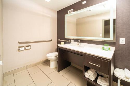 a bathroom with a sink and a toilet and a mirror at Holiday Inn Louisville East - Hurstbourne by IHG in Louisville