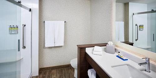 ein Badezimmer mit einem Waschbecken, einem WC und einem Spiegel in der Unterkunft Holiday Inn Express - Canton, an IHG Hotel in Canton