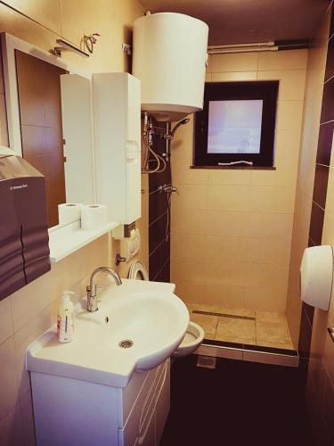 a bathroom with a sink and a toilet and a television at Villa Una Residence in Bihać