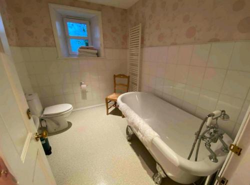 a bathroom with a bath tub and a toilet at Barcloy Honey House in Kirkcudbright