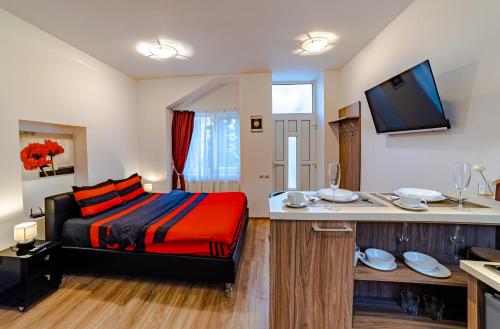 una camera con letto e scrivania con TV di Poarta Schei Studio a Braşov