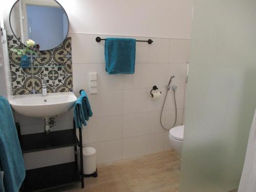 ein Badezimmer mit einem Waschbecken, einem Spiegel und einem WC in der Unterkunft Apartment am Apfelbaum in Reutlingen