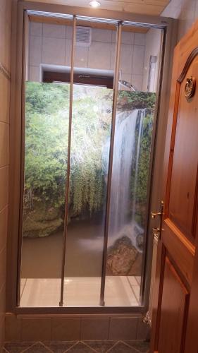 a shower in a bathroom with a waterfall behind it at Haus Hauser Lofer 254 in Lofer