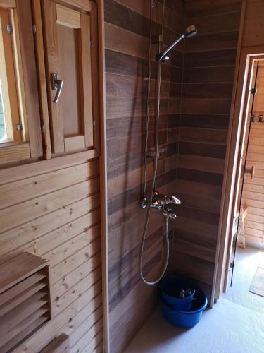 a shower in a bathroom with a wooden wall at Lakeside cottage Metsäranta Savonranta in Savonranta