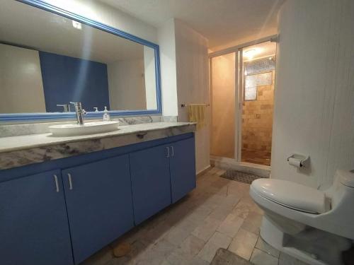 a bathroom with a sink and a toilet and a mirror at Espléndido departamento en Acapulco in Acapulco