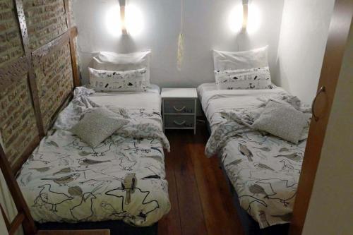 2 aparte bedden in een kleine kamer met 2 kussens bij Meschermolen 5 in Eijsden