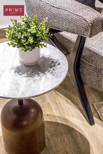a table with a potted plant on it next to a chair at Prime Select El Batal in Cairo