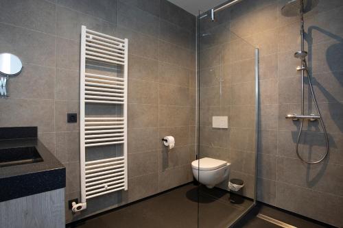 a bathroom with a shower and a toilet and a sink at Hotel Tholen in Tholen