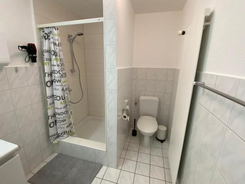 a bathroom with a toilet and a shower at Ferienwohnungen JHS in Seewis im Prättigau