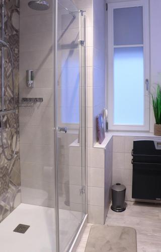 une douche avec une porte vitrée dans une salle de bain dans l'établissement Le coin 45, à Colmar