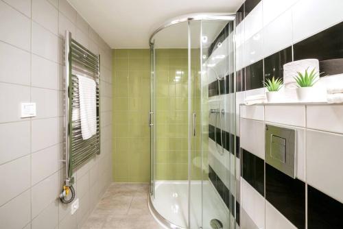 a bathroom with a shower with a glass door at BpR Astro Studio Home in Budapest