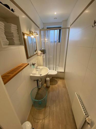 a bathroom with a sink and a shower at Gästehaus Lavendel in Flensburg