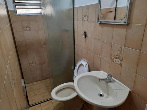 y baño con aseo y lavamanos. en Mikonos 3 Casa Inteira Próx Expo Center Norte, en São Paulo