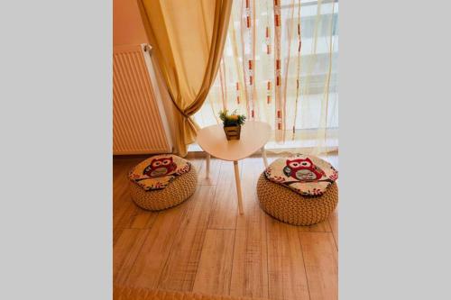 une chambre avec deux chaises, une table et une fenêtre dans l'établissement SEAWAVE CAMPUS no parking, à Constanţa