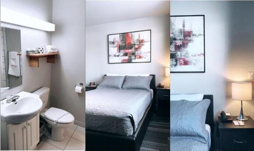 two pictures of a bedroom with a bed and a sink at Motel Mistral in Rouyn-Noranda
