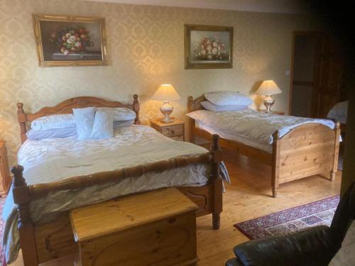 a bedroom with two beds and two lamps and a chair at Evergreen Bed & Breakfast in Swords