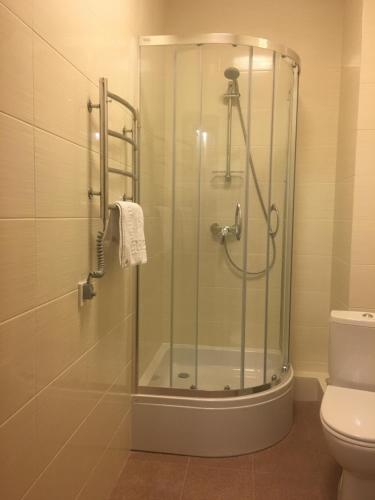 een glazen douche in een badkamer met een toilet bij Passage Hotel in Ternopilʼ