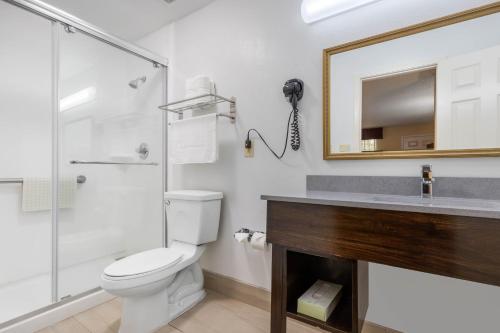 a bathroom with a toilet and a shower and a sink at Quality Inn & Suites Lexington in Lexington