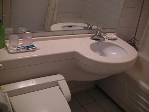 uma casa de banho com um lavatório e um WC em Busan Central Hotel em Busan