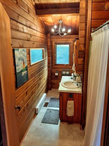 a bathroom with wooden walls and a sink and a mirror at Gîte le 308 Chambre bord de l'eau oka in Oka