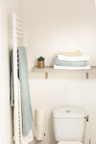 La salle de bains est pourvue de toilettes et de serviettes sur les étagères. dans l'établissement FRENCHY HOME- PLACE de la CLAIRE- BASSIN d'ARCACHON, à Gujan-Mestras
