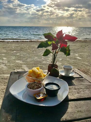 a plate of food on a table next to the ocean at Hotel Luna De Plata in Mahahual