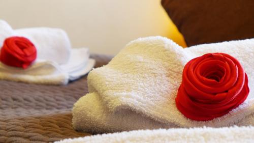 a red rose on a towel on a bed at Wrzos & Belvedere in Kudowa-Zdrój