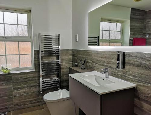 a bathroom with a sink and a toilet and a mirror at Stunning Room with Large Private Bathroom in Derby