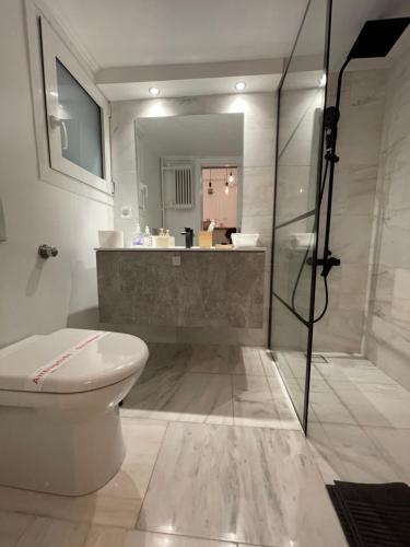 een badkamer met een douche, een toilet en een wastafel bij Acropolis Exceptional View in Athene
