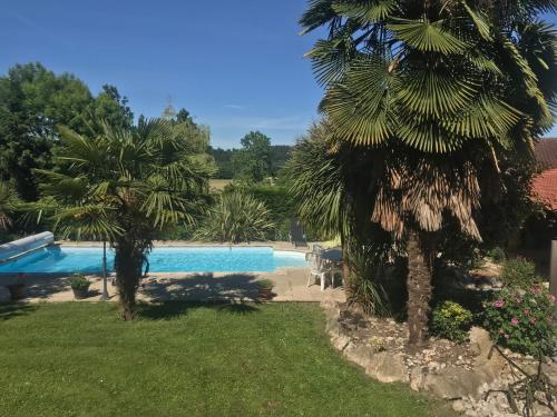 a swimming pool in a yard with two palm trees at Chez Mima in Samadet