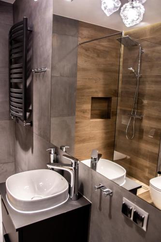 a bathroom with a sink and a toilet and a shower at ApArt Bulwary Wrocław in Wrocław