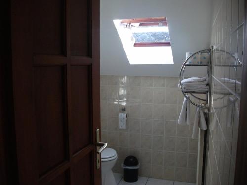 a bathroom with a toilet and a skylight at Ria Panzio in Esztergom