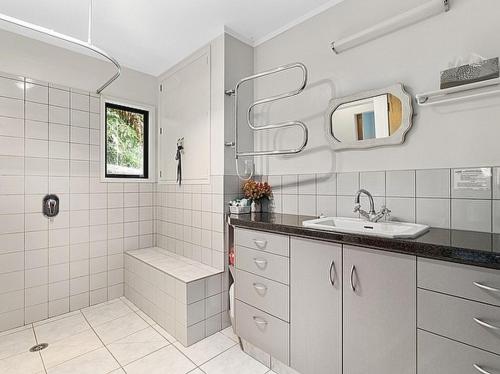 une salle de bain blanche avec lavabo et douche dans l'établissement Lake House and Studio - Lake Rotoiti Holiday Home, à Okere Falls