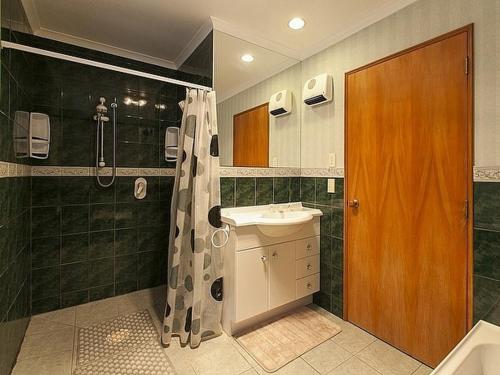 a bathroom with a sink and a shower at Tranquil Tipperary - Arrowtown Holiday Home in Arrowtown
