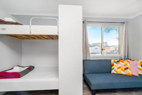 a bedroom with a bunk bed and a blue couch at Ballina Beach Nature Resort in Ballina