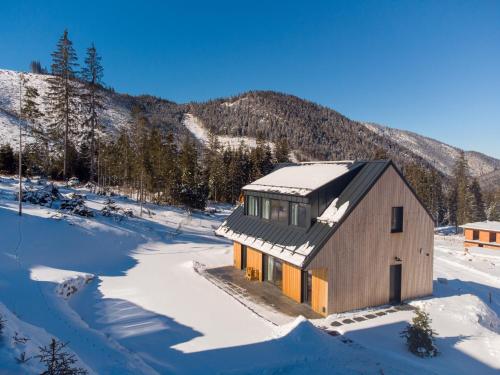 a house in the snow with a mountain in the background at Chalet Pølarka in Demanovska Dolina