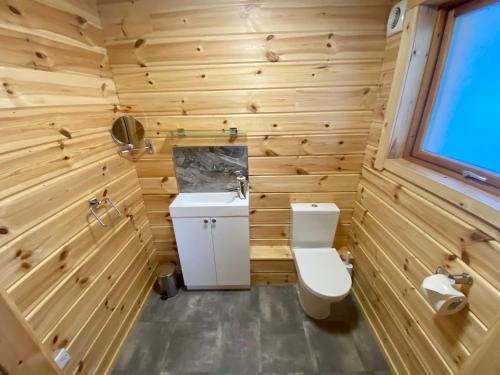 a bathroom with wooden walls and a toilet and a sink at Pine Lodge in Gorebridge