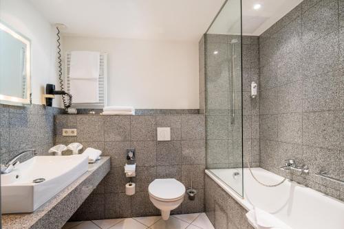 a bathroom with a toilet and a tub and a sink at Hotel Astoria Bonn in Bonn