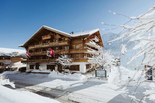 un lodge de ski dans la neige avec des arbres enneigés dans l'établissement Adler Adelboden, à Adelboden