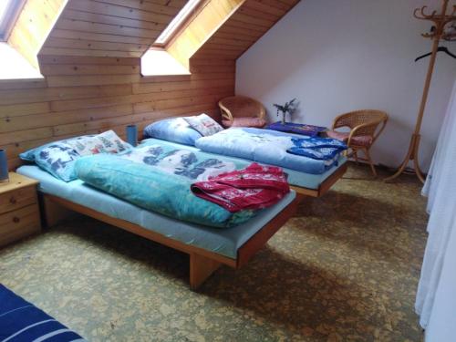 two twin beds in a room with a attic at Privát U čápů v Beskydech in Pržno