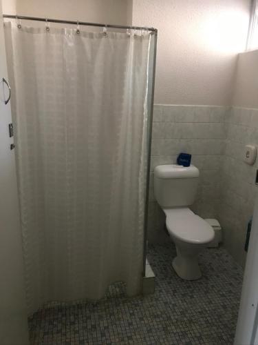 a bathroom with a toilet and a shower curtain at Warrina Motor Inn Wodonga CBD in Wodonga