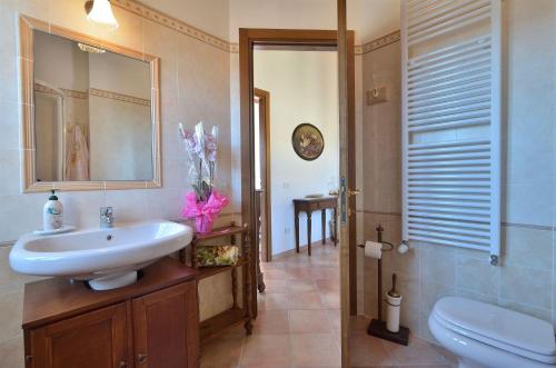 a bathroom with a sink and a toilet and a mirror at Il Balcone in Gaiole in Chianti