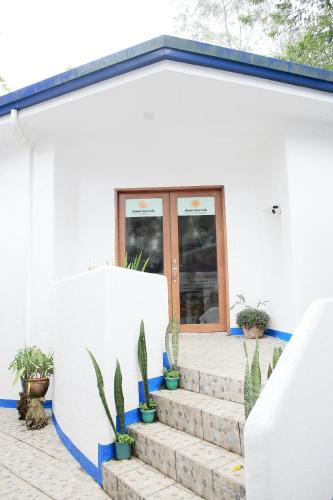 a white building with stairs and potted plants at La Bella Boutique Hotel in Tagaytay