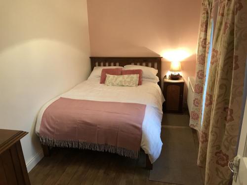 a bedroom with a bed with a pillow and a lamp at Rowan House Holiday Home by Trident Holiday Homes in Curranes