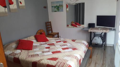 Un dormitorio con una cama con almohadas rojas. en Gîte indépendant en Caux-et-Sauzens