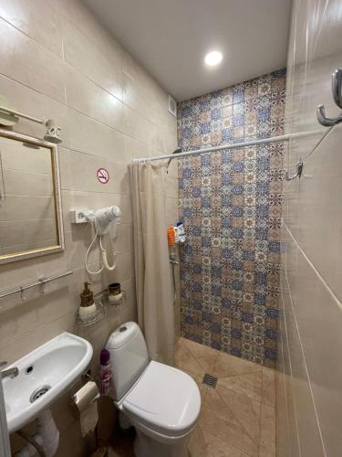 a bathroom with a shower and a toilet and a sink at Hostel V Tapochkakh in Kazan