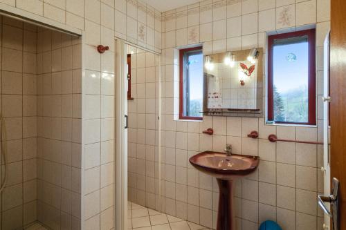 La salle de bains est pourvue d'un lavabo et d'un miroir. dans l'établissement Maison de 3 chambres avec jardin clos et wifi a Girmont Val d'Ajol, à Girmont-Val-d'Ajol