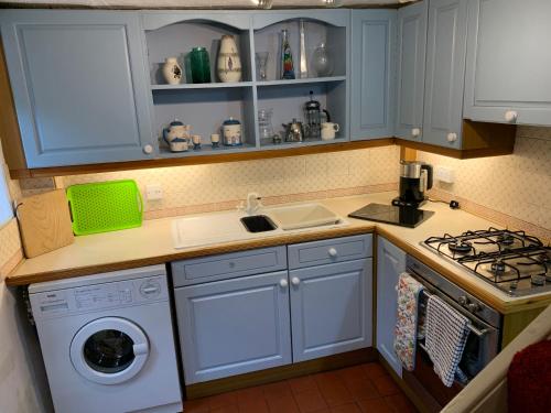 a kitchen with blue cabinets and a washing machine at Charming Devon Cottage near Quay-Rain Shower, Restaurants & Free Parking in Kingsbridge