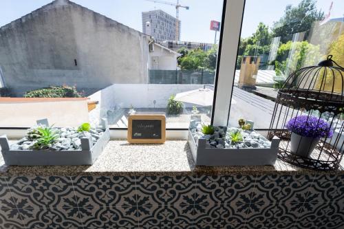two planters with plants in them on a balcony at OportoHost Dragão Duplex in Porto